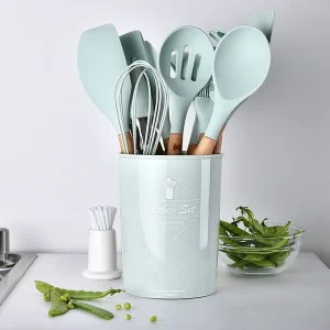 12-Piece Silicone Kitchen Utensil Set with Wooden Handles – Heat-Resistant Non-Stick Cooking Tools for Everyday Use